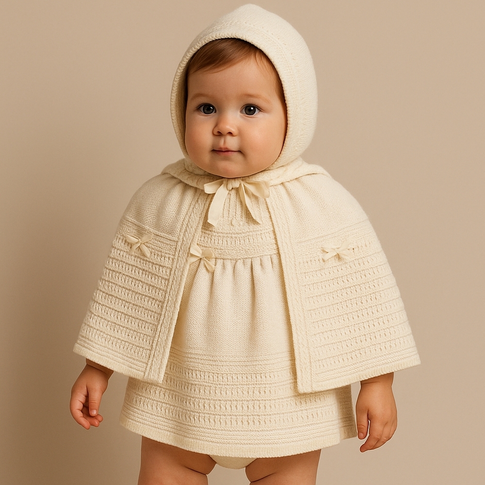 Vintage 70s Anjou Tricots Knitwear Baby Dress & Hooded Cape Set 12M Made in 🇨🇦